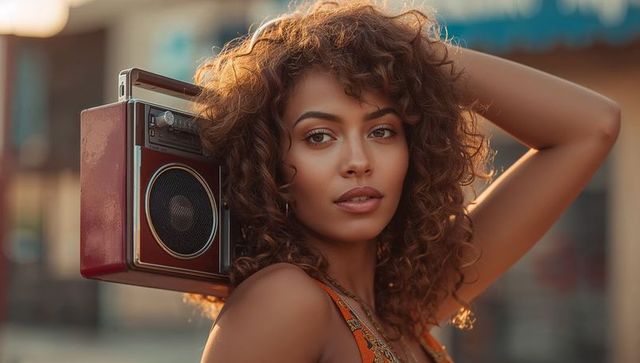Stylish woman with boombox in urban street style