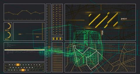 Futuristic HUD dashboard showing wireframe vehicle hologram, mapping, charts and analytics
