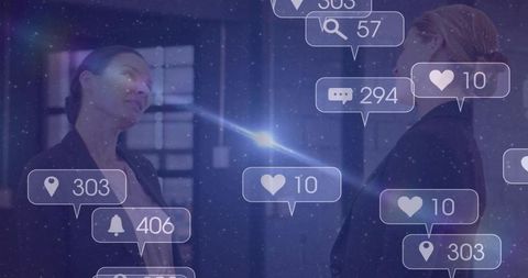 Businesswomen Standing Face-to-Face with Digital Notification Overlays and Lens Flare