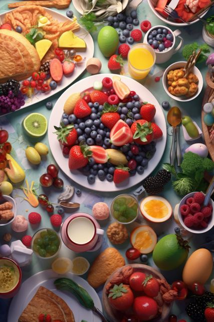 An assortment of fresh fruits and breakfast foods displayed on a vibrant table. Ideal for promotions related to health and wellness, nutritional blogs, breakfast recipes, dietary lifestyle content, or advertisements for breakfast products. This visual emphasizes the importance of a balanced diet with natural ingredients and can attract viewers looking to improve their eating habits.