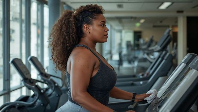 Woman adjusting treadmill console holding towel and wearing fitness tracker in bright gym