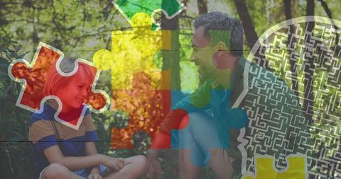 Father and son connecting outdoors with overlaying puzzle graphics