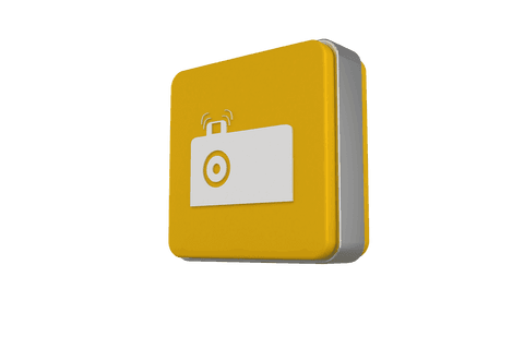 Digital yellow cube with camera symbol on transparent background