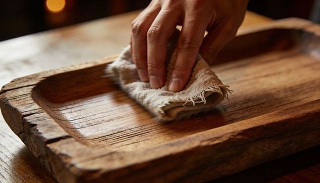 Hand wiping rustic carved wooden tray with cloth highlighting grain warm patina texture