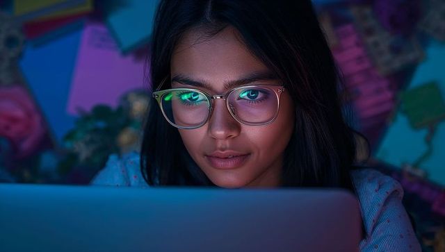 Persian woman using laptop in home office, bright sticky notes on wall