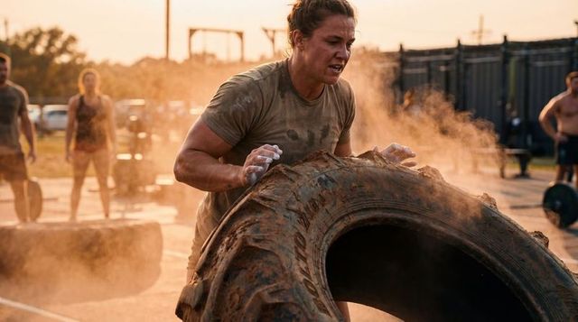 Female athlete flipping muddy tractor tire at sunset outdoor strength and grit