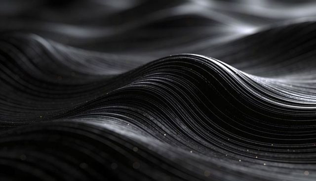 Black Metallic Wave Ribbons Undulating in Glossy Stacked Layers with Sparkling Flecks