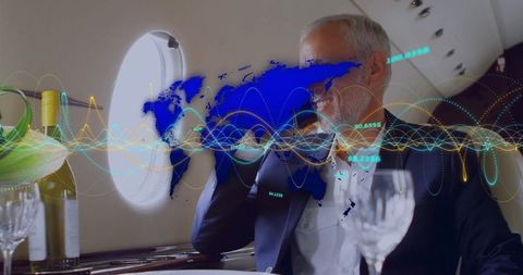 Businessman Interacting with Futuristic Holographic Map in Private Jet