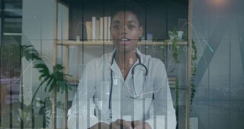 Doctor presenting digital health data and interactive charts for telemedicine analytics