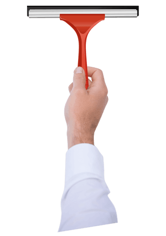 Hand holding red rubber squeegee on transparent background