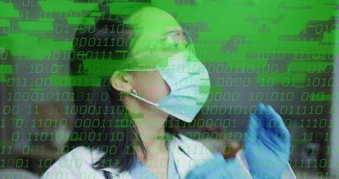 Korean lab technician wearing ppe and preparing sample with binary data overlay