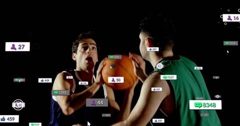 Basketball players competing with social media icons overlay
