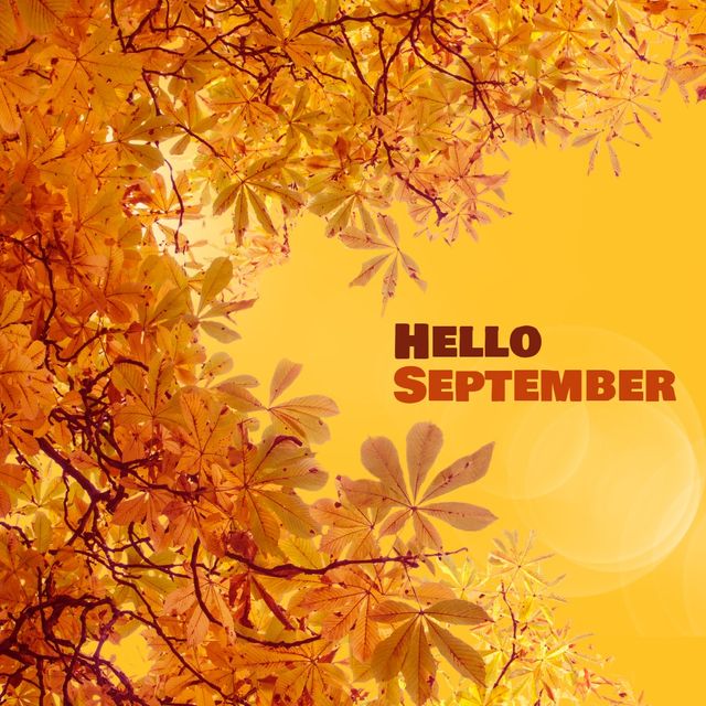 Illustrative image of hello september text with autumn leaves on tree against yellow background. Copy space, vector, maple leaf, autumn season and nature concept.