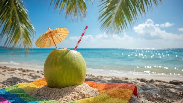 Refreshing coconut drink on tropical beach with parasols
