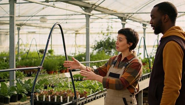 Greenhouse instructor explaining propagation techniques to visitor among seedling trays