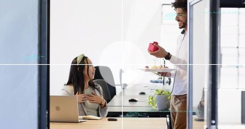 Office surprise presenting gift and pastries to colleague at modern bright workspace