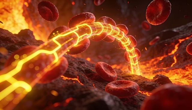 Glowing biomechanical conduit arcing through volcanic cavern with drifting blood cells
