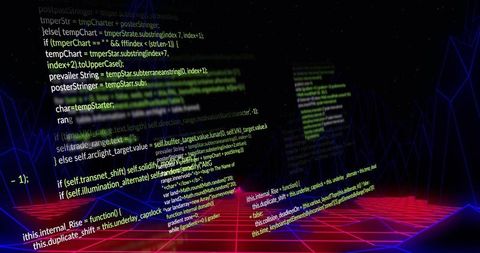 Cyberpunk Floating Code Panels Over Holographic Magenta Grid with Neon Wireframe Depth