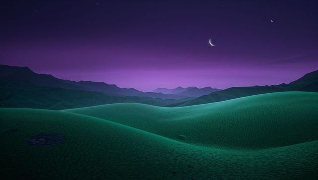 Dreamy Twilight Landscape with Rolling Dunes and Crescent Moon