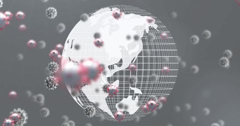 Abstract globe surrounded by virus particles on gray background