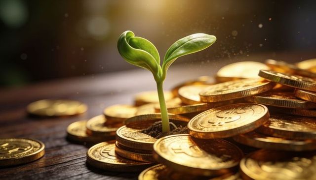 Green seedling growing through gold coins symbolizing financial growth investment wealth