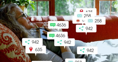 Senior Woman Relaxing with Book and Social Media Notifications Overlay