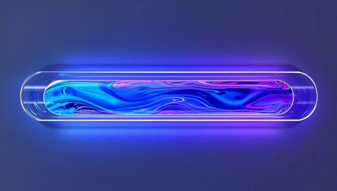 Glowing Neon Glass Capsule Containing Marbled Blue-Purple Liquid Futuristic Abstract