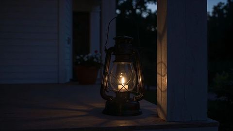 Glowing Vintage Lantern Illuminates Rustic Porch at Night