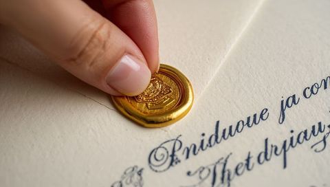 Hand pressing gold wax seal onto cream stationery with navy calligraphy script, closeup