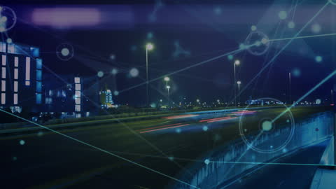 Digital Connection Web Over Illuminated City Highway at Night