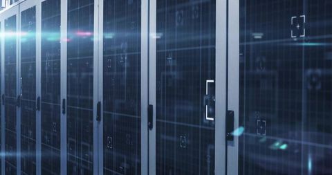 Row of Server Racks in Data Center with Digital Overlay