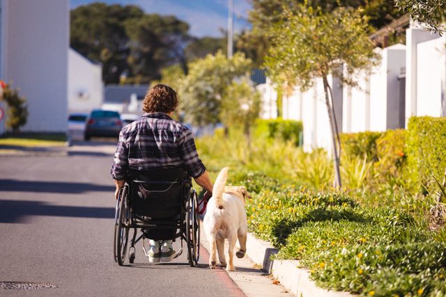 Caucasian disabled man sitting on the wheelchair walking with his dog on the street - Download Free Stock Photos Pikwizard.com
