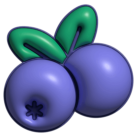 Transparent background glossy 3d blueberry sticker featuring two violet berries and leaves