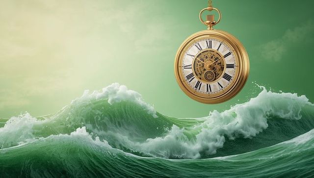 Golden pocket watch floating above green ocean waves in surreal sunrise