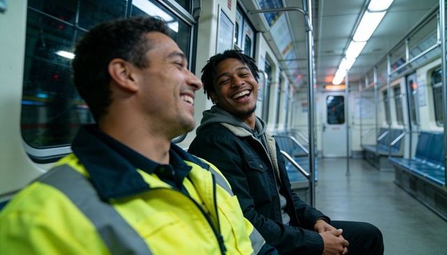 Laughing commuters in hi-vis jacket and hoodie sharing camaraderie on late-night subway