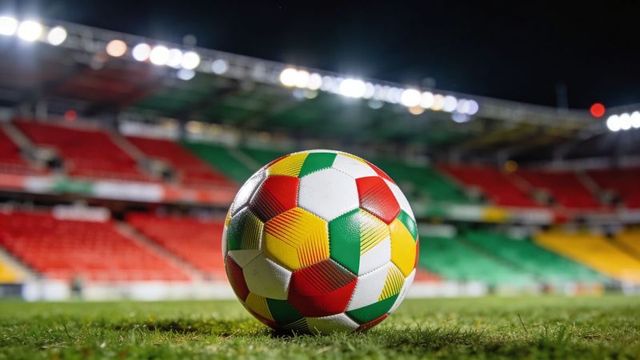 Colorful red yellow green soccer ball resting on stadium turf under night floodlights