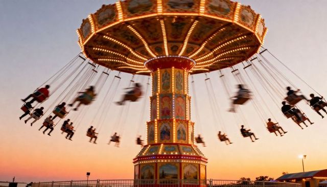 Ornate swing carousel spinning at sunset with glowing lights and motion blur
