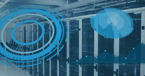 Data Center Monitoring Displaying Server Racks with Futuristic HUD Overlays and Analytics
