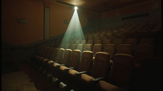 Spotlighting empty cinema seats in vintage auditorium with dramatic projector beam
