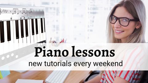 professional piano lessons woman smiling with music notes - Download Free Stock Templates Pikwizard.com