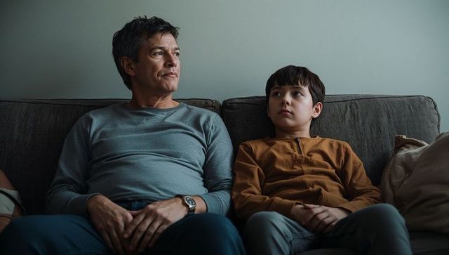 Middle-aged father and son sharing quiet moment on couch, reflective family bonding