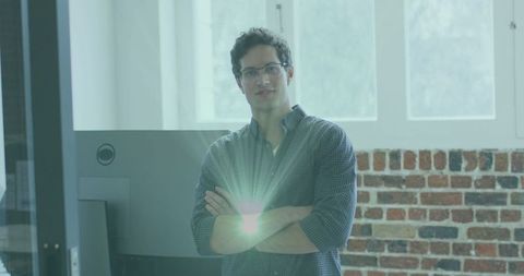 Professional Businessman Surrounded by Futuristic Network Visuals