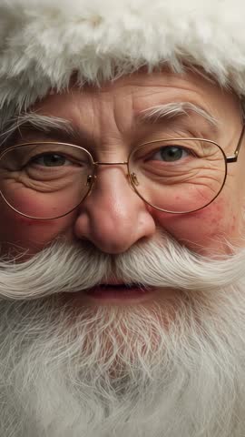 Close-Up Vertical Senior Santa Claus Smiling and Blinking with Warm Holiday Expression