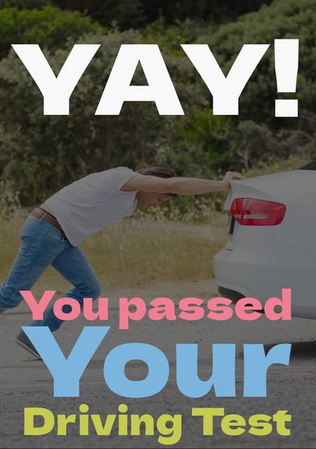 Perfect for congratulating someone who has recently passed their driving test. Ideal for creating celebratory cards, social media posts, or digital messages to bring joy and acknowledge a significant achievement. Highlighting emotions of excitement and pride, this image captures the moment of an important milestone with colorful text conveying the message of success.