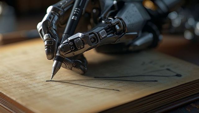 Robotic hand drafting with mechanical pencil on vintage notebook for ai design
