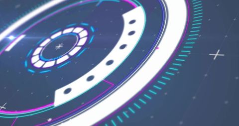 Rotating Futuristic HUD Interface with Neon Rings, Glowing Cyan Ticks and Digital Grid