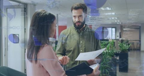 Discussing data-driven collaboration with AR overlays, charts and reports in modern office