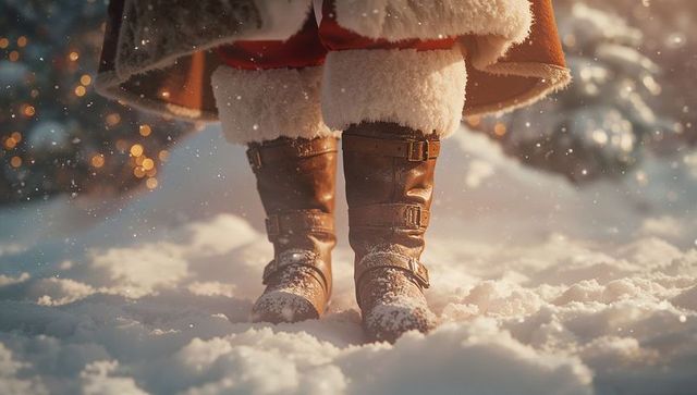 Festive winter fashion: brown boots in snowy wonderland