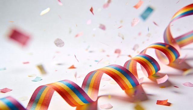 Curling rainbow streamer with scattered pastel confetti for vibrant party and celebration