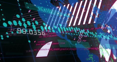 Depicts data lines and digital elements overlaying map; suitable for illustrating global technology, computing, digital security, innovation themes; useful in tech, finance or digital transformation markets.